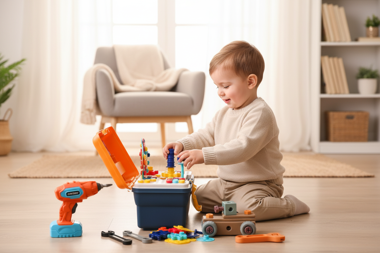 Toddler playing with Montessori Play Toolbox 298Pcs