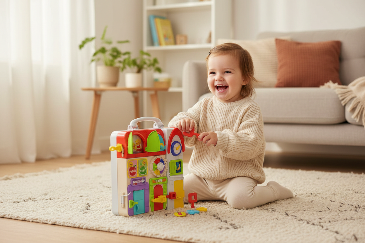 Toddler playing with Bookhouse Montessori Busy Board