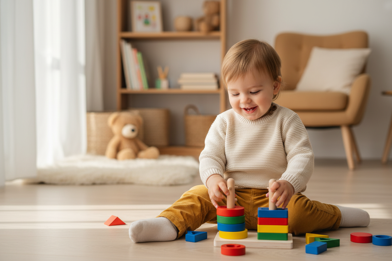 Toddler playing with Montessori Geometric Wooden Blocks