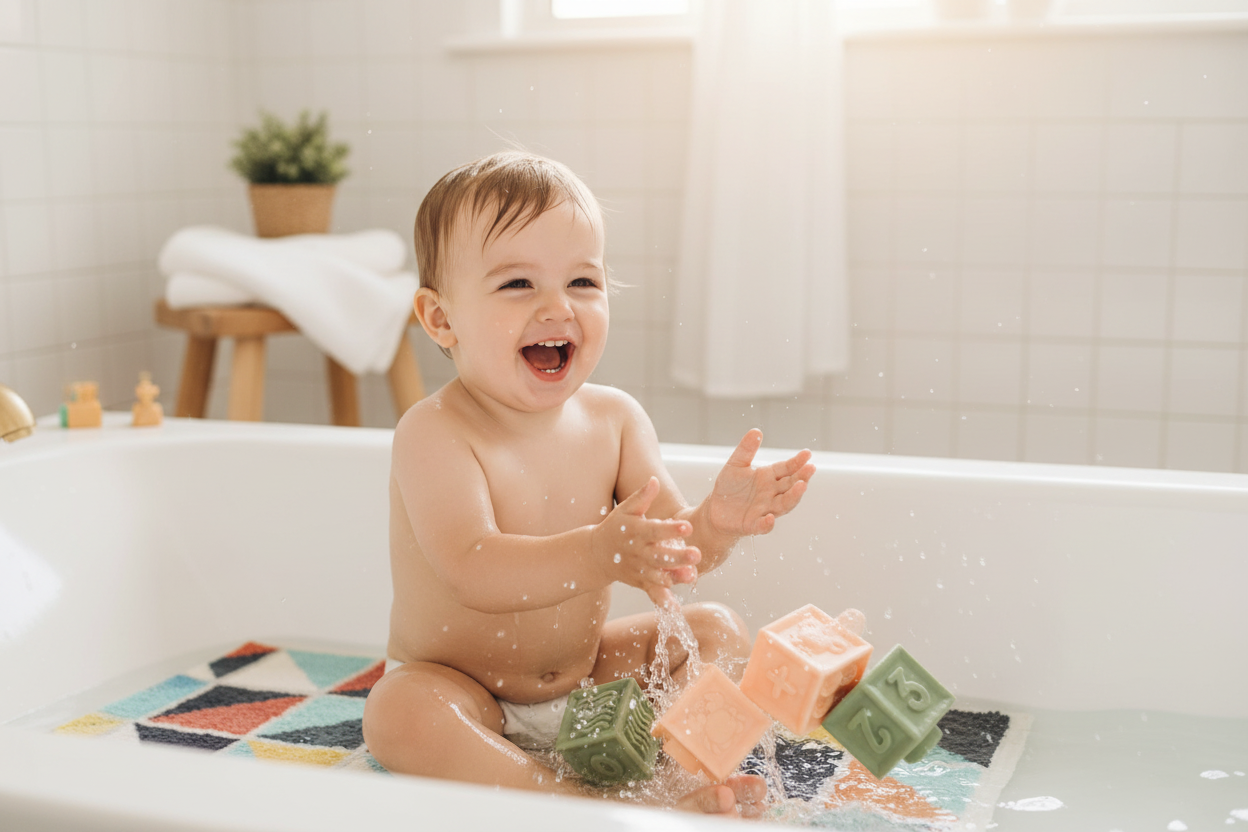 Toddler playing with Cartoon Baby Grasp Ball Bath Toy