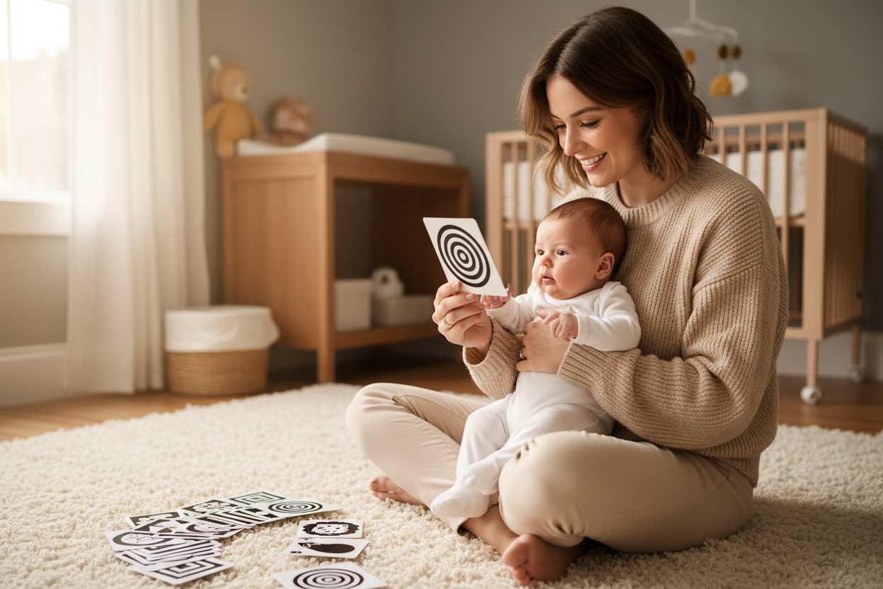 Mother showing Montessori Black and White Visual Stimulation Cards to baby