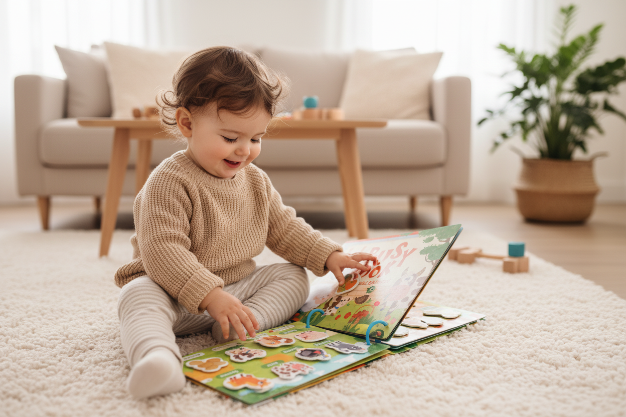 Toddler playing with Children's Quiet Book