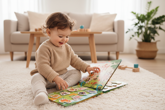 Toddler playing with Children's Quiet Book