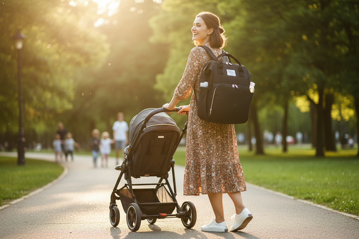 Stylish mother carrying Large-Capacity Mommy Bag in the park