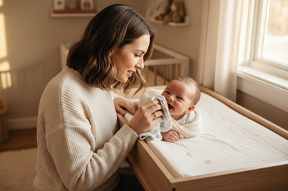 Mother wiping baby with Muslin Baby Towel