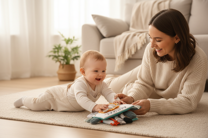 Baby playing with Visual Gray and White Fabric Baby Book