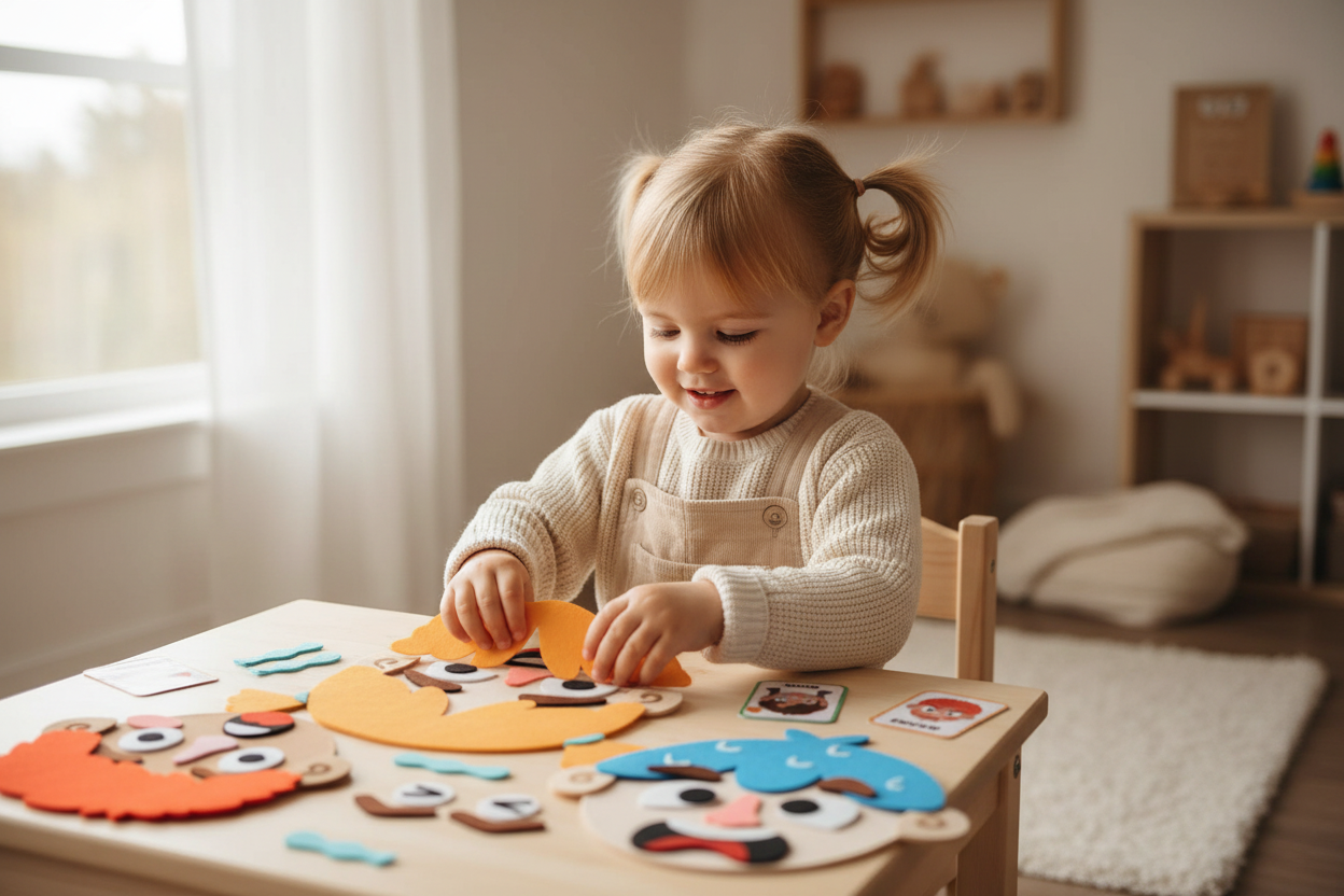 Toddler playing with Children's Felt Learning Board Emoticons
