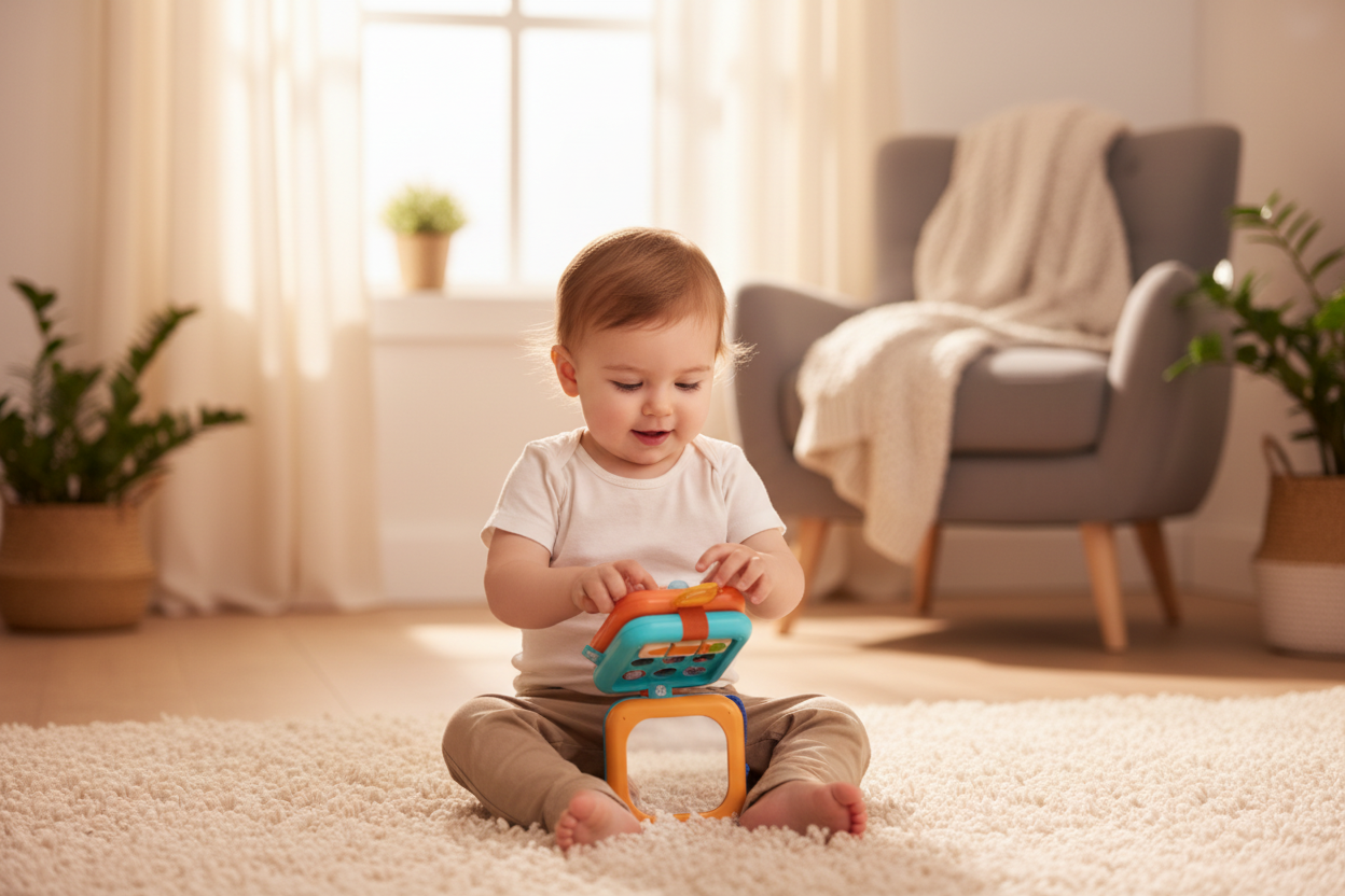 Toddler playing with Busy Sensory Puzzle Cube